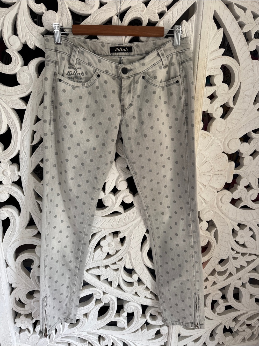 Vintage Killah Grey Polka Dot Skinny Jeans Zip Hem Sz 28